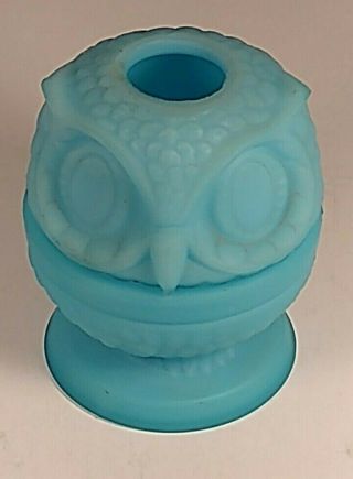 Vtg Fenton Glass Owl Fairy Lamp Blue With Fenton In Small Letters