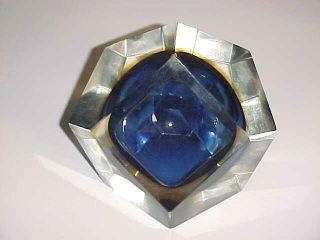 Blue,  Amber,  Crystal Murano Multi Faceted Art Glass Sommerso Geode Bowl/dish