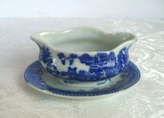 Vintage Blue Willow Gravy Boat With Underplate Child Doll Miniature,  Japan