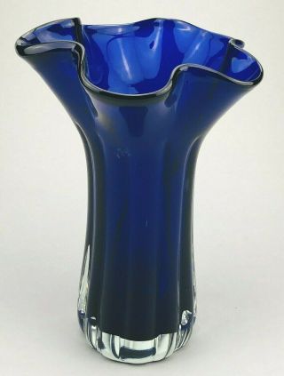 Large Cobalt Blue Art Glass Vase Hand Blown Ribbed Sides Fluted Scalloped Top
