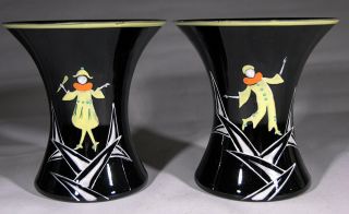 Matched 4 1/4 " Art Deco Black Glass Vases W/ Hand Painted Clowns