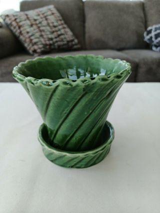 Usa Vintage Green Pottery Planter Flower Pot Swirled Ribbed Pattern