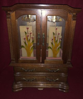 Vintage Musical Wood Jewelry Box Armoire Faux Stain Glass Flower Doors Fur Elise