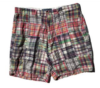 Vtg 90s Polo Ralph Lauren Patchwork Madras Cotton Shorts Sz 34 Made In India