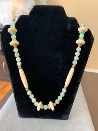 Vintage Hand Strung Jade Necklace With Bone Colored And Gold Filled Beads