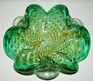 Murano Italy Green Art Glass Bowl Ashtray Controlled Air Bubble Aventurine