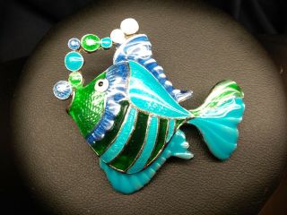Vintage Signed " Mj " Enameled Blue,  Emerald Green Fish W/bubbles Brooch/pendant