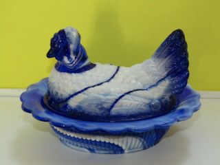 Vtg Mosser Cobalt Blue & White Milk Slag Glass Hen On Nest Covered Candy Dish