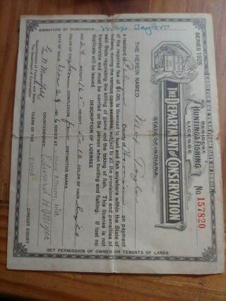 1926 Indiana Resident.  Hunting And Fishing License