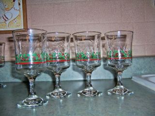 4 Vintage 1985 Arbys Christmas Holly Berry Glasses Wine Goblet Gold Rim Libbey