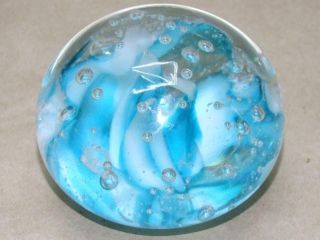Intaglio Anton Aqua Blue & White Swirled Controlled Bubble Glass Paperweight 3 "