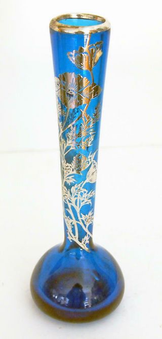 Vintage Silver Overlay Vase Azure Blue With Poppies Hand Blown Pontil Base