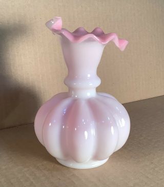 Fenton Art Glass Pink Overlay Melon Ruffled Top Ruffled Vase