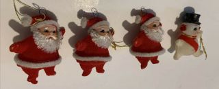 4 Vintage Flocked Plastic Santa Claus,  Snowman Christmas Ornaments 2 1/4 " Tall
