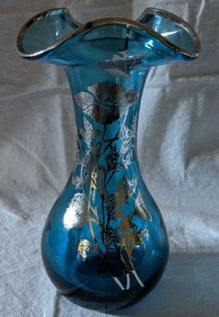 Silver City Glass Company Blue Glass Vase Handblown Sterling Silver 7 Inch Tall