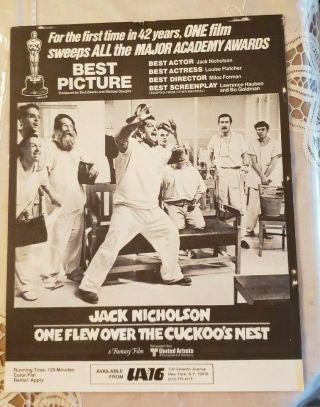 Vintage - One Flew Over The Cuckoos Nest 8 1/2x11 Jack Nickolson Poster Print 1975