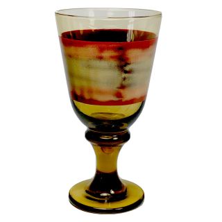 Set (6) Vintage Amber Stemmed Wine Water Goblets W/abstract Design 7”