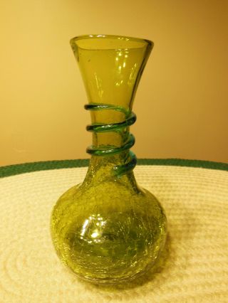 Vintage Blenko Green Crackle Glass Vase With Applied Blue Swirl Roping 10 "