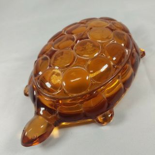 Vintage Amber Glass Turtle Covered Candy Dish Mid Century Tray Container Orange