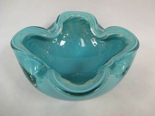 Vintage Murano Turquoise Ash Tray - Candy Dish Gold Fleck Applied Bubbles