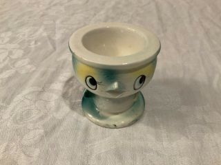 Vintage Ceramic Blue Bird Chick Egg Cup Holder Japan 1950s Yellow Big Black Eyes