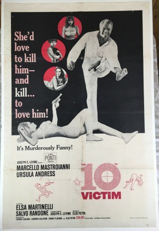 The 10th Victim 1965 One - Sheet Movie Poster Vg Andress Mastroianni Future Sci - Fi