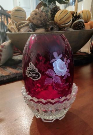 Vintage Fenton Hand Painted Fairy Lamp,  Fenton Ruby Red Glass Signed