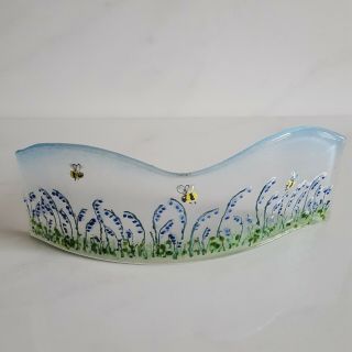 Freestanding Curved Wave Fused Glass Panel With Bluebells And Bumble Bees