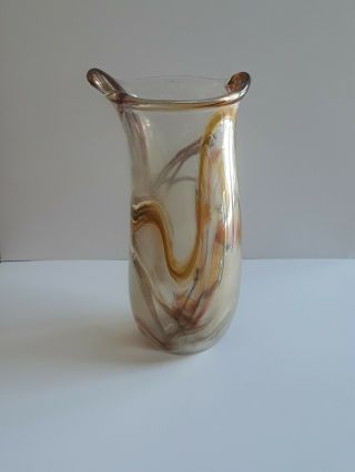 Rare Rebecca Stewart Signed 1981 Glass Vase 8 " Opaque Clear W/brown Black Swirls