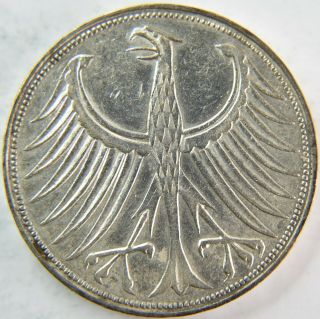 1961 F Germany Vintage Winged Eagle Old German Large 5 Mark Silver Coin