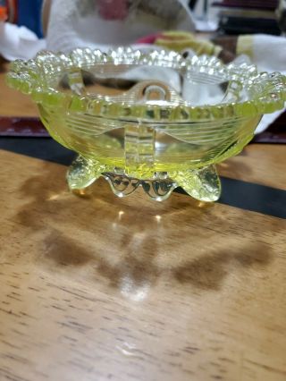Vintage Small Oval Yellow Vaseline Uranium Glass Footed Bowl