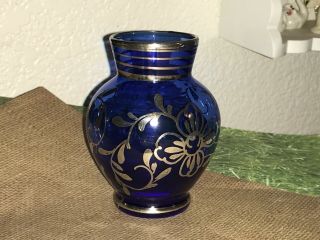 Vintage Cobalt Blue With Silver Overlay Murano Glass Vase