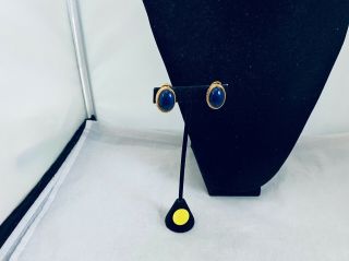 Vtg.  Monet Royal Blue Lucite & Gold Tone Oval Clip On Earrings