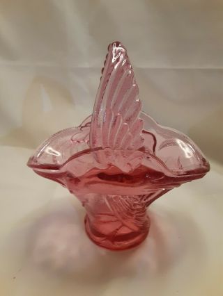 Rare Vintage Pink Depression Glass Soaring Bird Basket With Feather/wing Handle