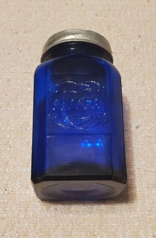 Vintage Cobalt Blue Glass Square Embossed Screw Top 4 1/2 " H Pepper Shaker