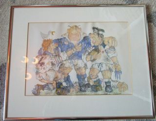 Vintage Metal Framed England Scotland Rugby Print Cartoon Style N Mustgrove 92