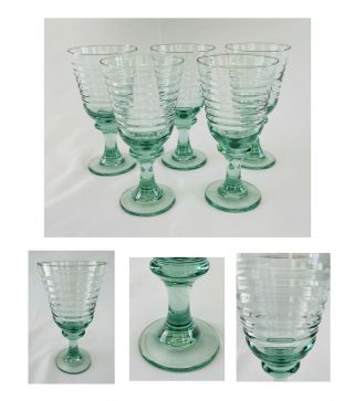 Vintage Libbey Glass Goblets 12 Oz.  Sirrus Green Horizontal Ridges 5 - Pc Set
