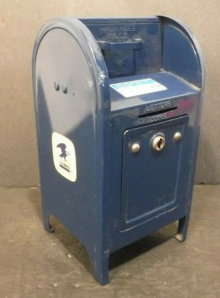 Vintage U.  S.  Mail Blue Metal Us Mailbox Coin Piggy Bank Drop Box Lock - No Key