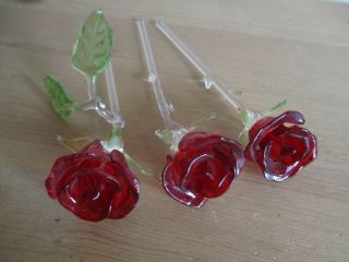 Set Of 3 Murano Glass Vintage Red Roses Hand Blown Art Glass Italian