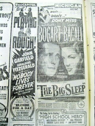 1946 Newspaper W Lrg Movie Ad Humphrey Bogart & Lauren Bacall In " The Big Sleep "