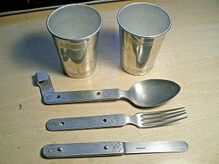 Vintage Camp Tourist Compact Aluminum Set Spoon,  Fork,  Knife & 2 Cups