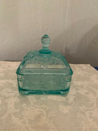 Vintage Tiara Indiana Glass Blue Bee Hive Square Lidded Candy Dish
