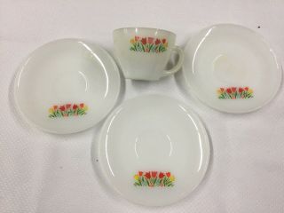 Vintage Fire King Oven Ware Milk Glass Tea Cups (2) Saucers (3) Tulip Pattern