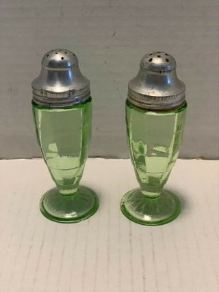 Vintage Anchor Hocking Green Depression Glass Block Optic Salt & Pepper
