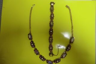 Vintage Gold Tone Rhinestone Necklace & Bracelet Signed Tara