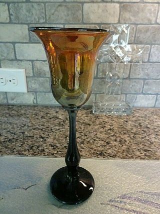 Vintage Signed Rick Strini Studio Art Glass Black Stem Tall Goblet Iridescent