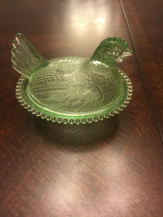 Vintage Indiana Green Chicken - Hen On Nest Covered Candy Dish