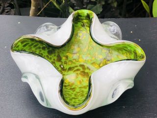 Murano Art Glass Green Spotted Gold Vase Bowl Fratelli Toso