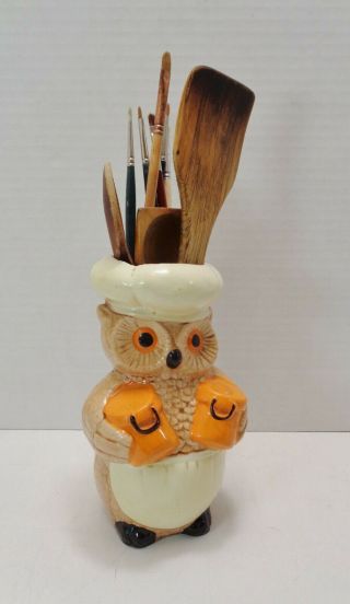 Vintage Ceramic Owl Utensil Holder Kitsch Mid Century