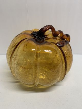 Hand Blown Art Glass Crackle Pumpkin Amber W/curly Brown Stem 9” Large Gorgeous